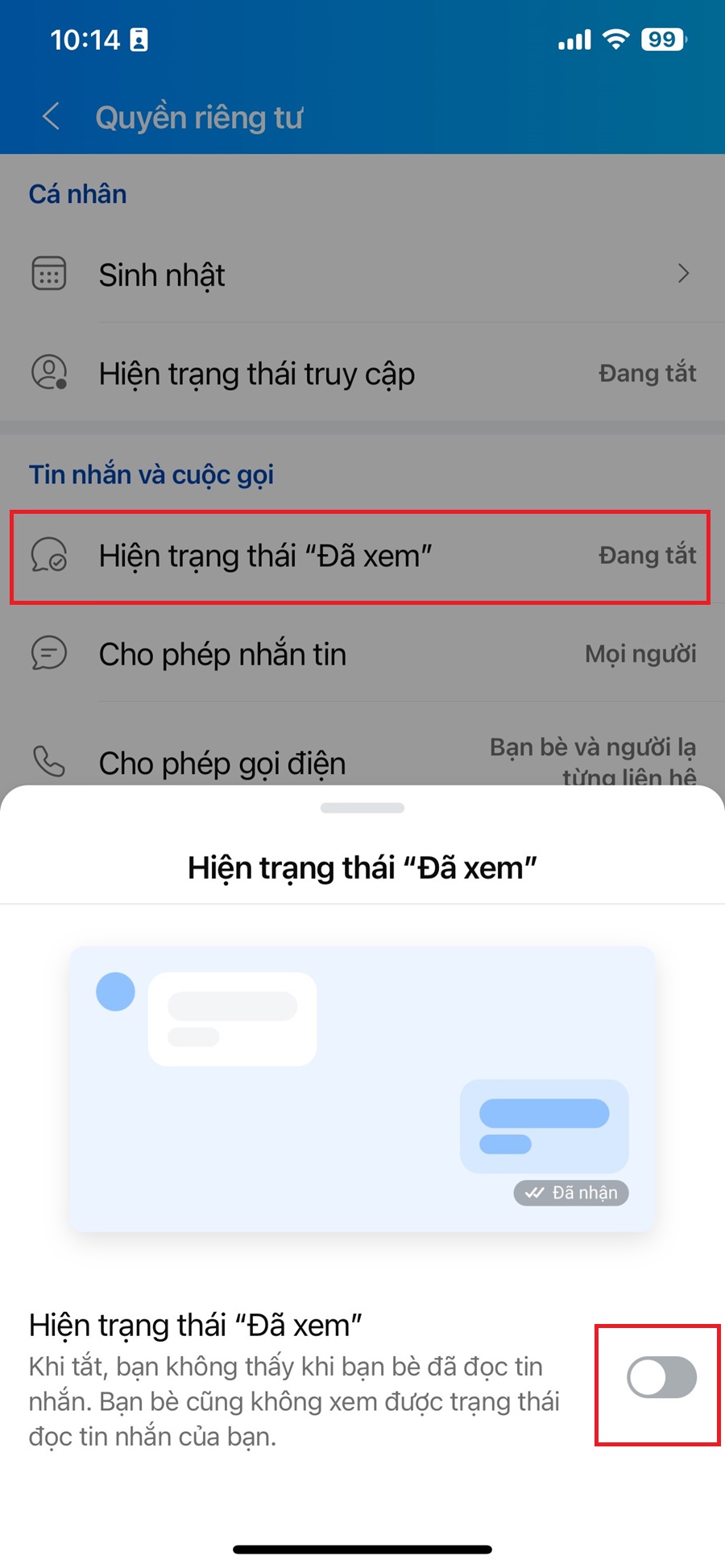 Tin nhắn Zalo đã nhận là xem chưa